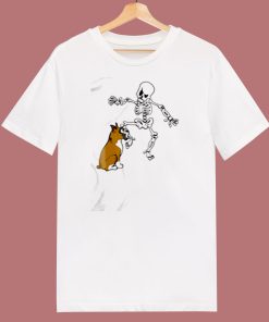 Boxer Dog Biting Skeleton 80s T Shirt