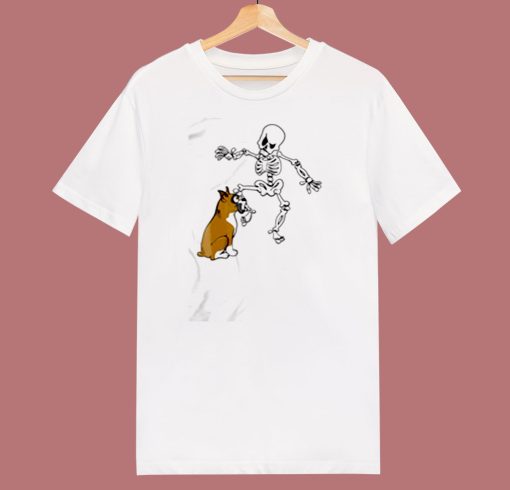 Boxer Dog Biting Skeleton 80s T Shirt
