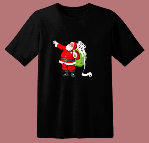 Santa With Face Mask And Toilet Paper Funny Christmas 80s T Shirt