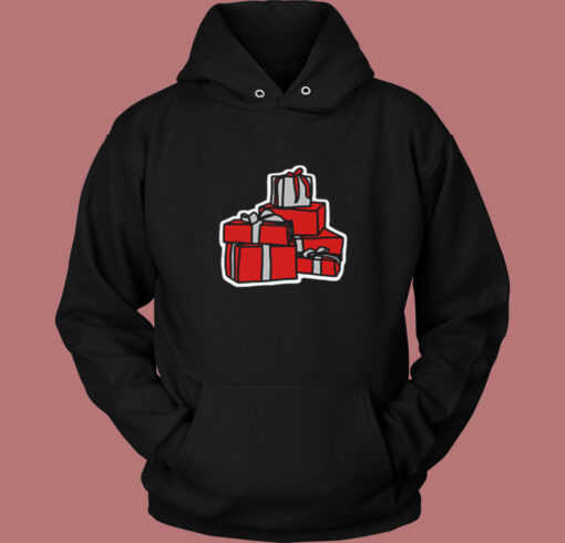 A Pile Of Wrapped Gifts In Red And Silver Vintage Hoodie